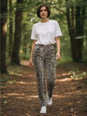 Straight-Leg Leopard Print Jeans in White/Gold/Black